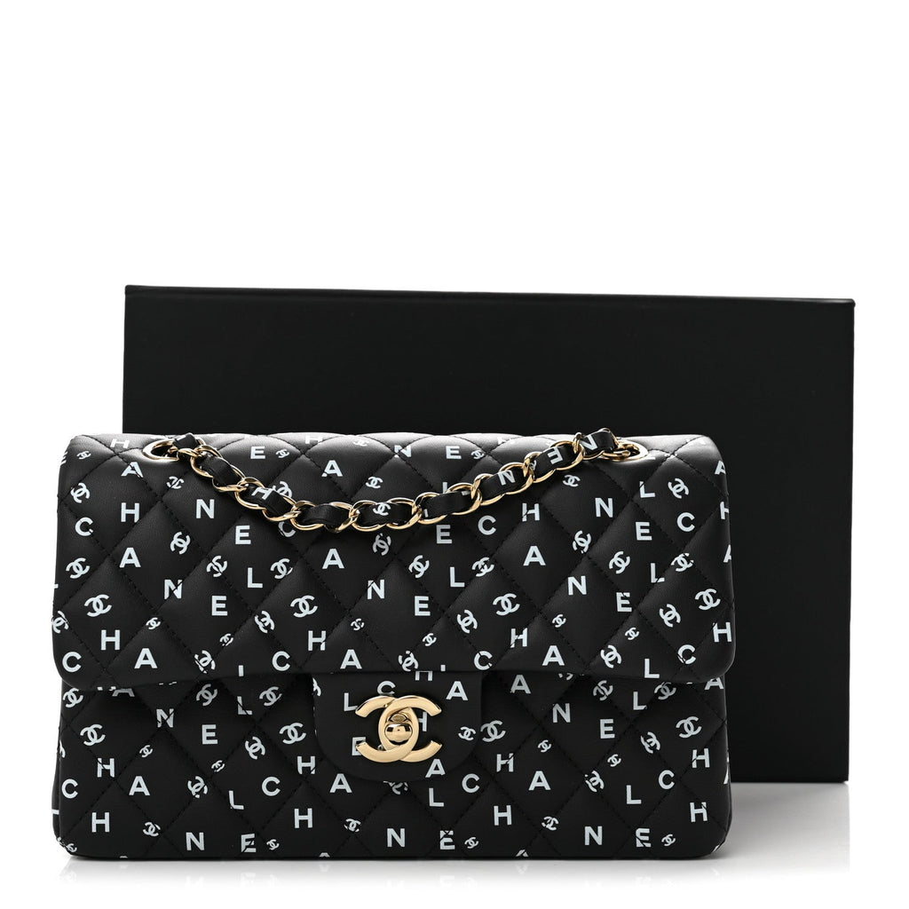 Calfskin Quilted Logo CC Printed Small Double Flap Black White