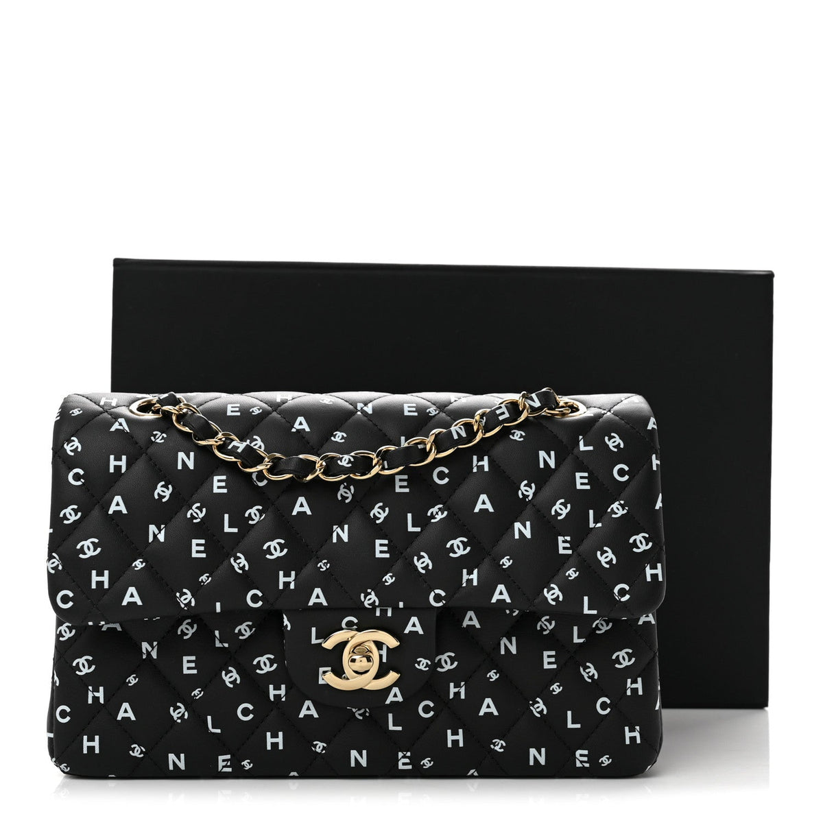 Calfskin Quilted Logo CC Printed Small Double Flap Black White