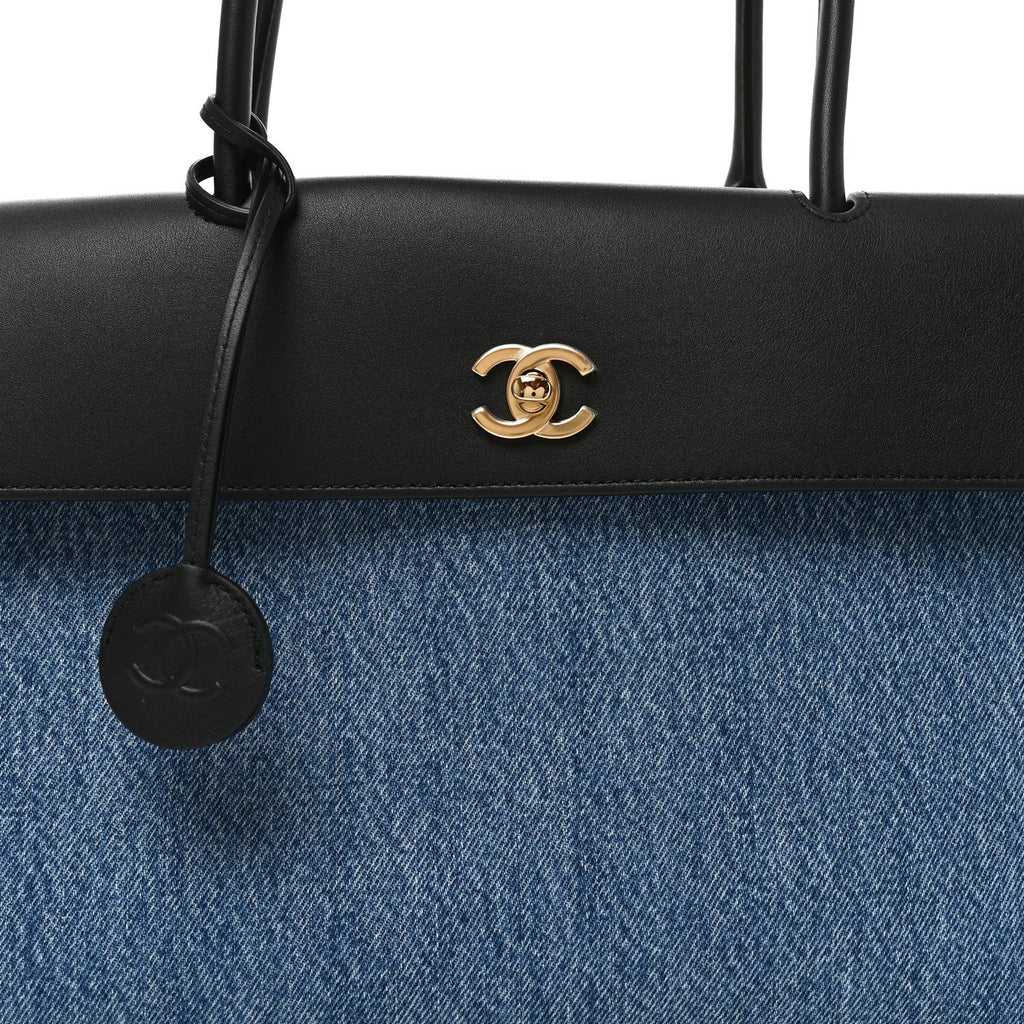 Denim Calfskin Urban Essentials Shopping Bag Blue Black