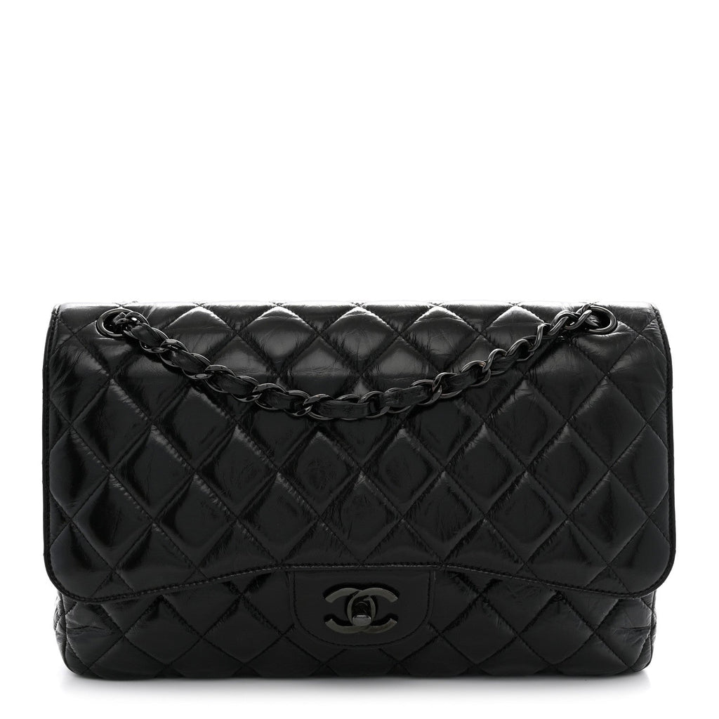 Shiny Distressed Calfskin Quilted Jumbo Double Flap So Black
