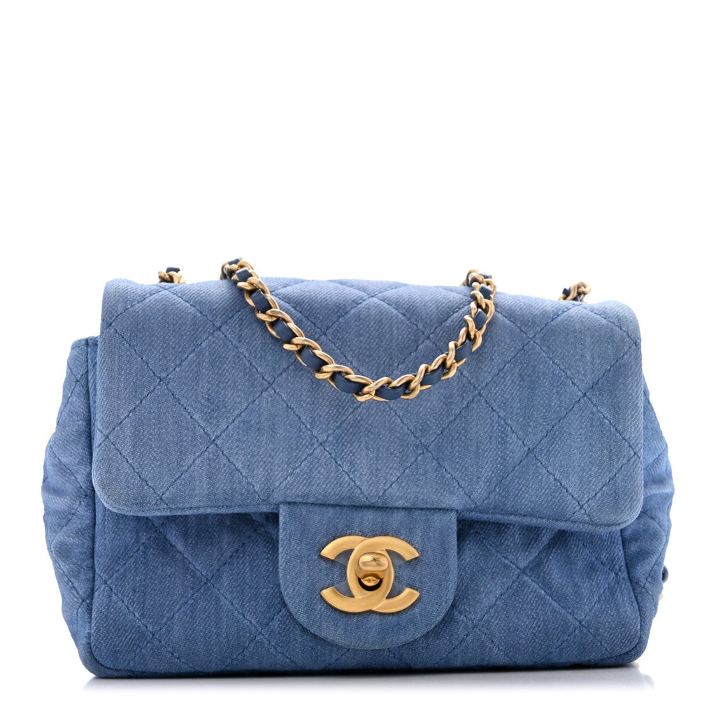 Denim Quilted Mini Pearl Crush Flap Blue