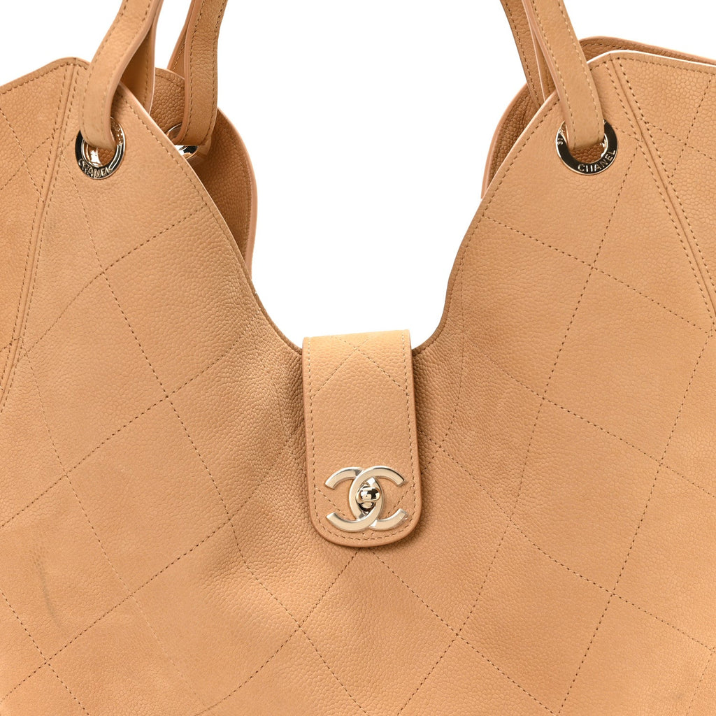Nubuck Caviar Quilted Maxi Shopping Bag Beige