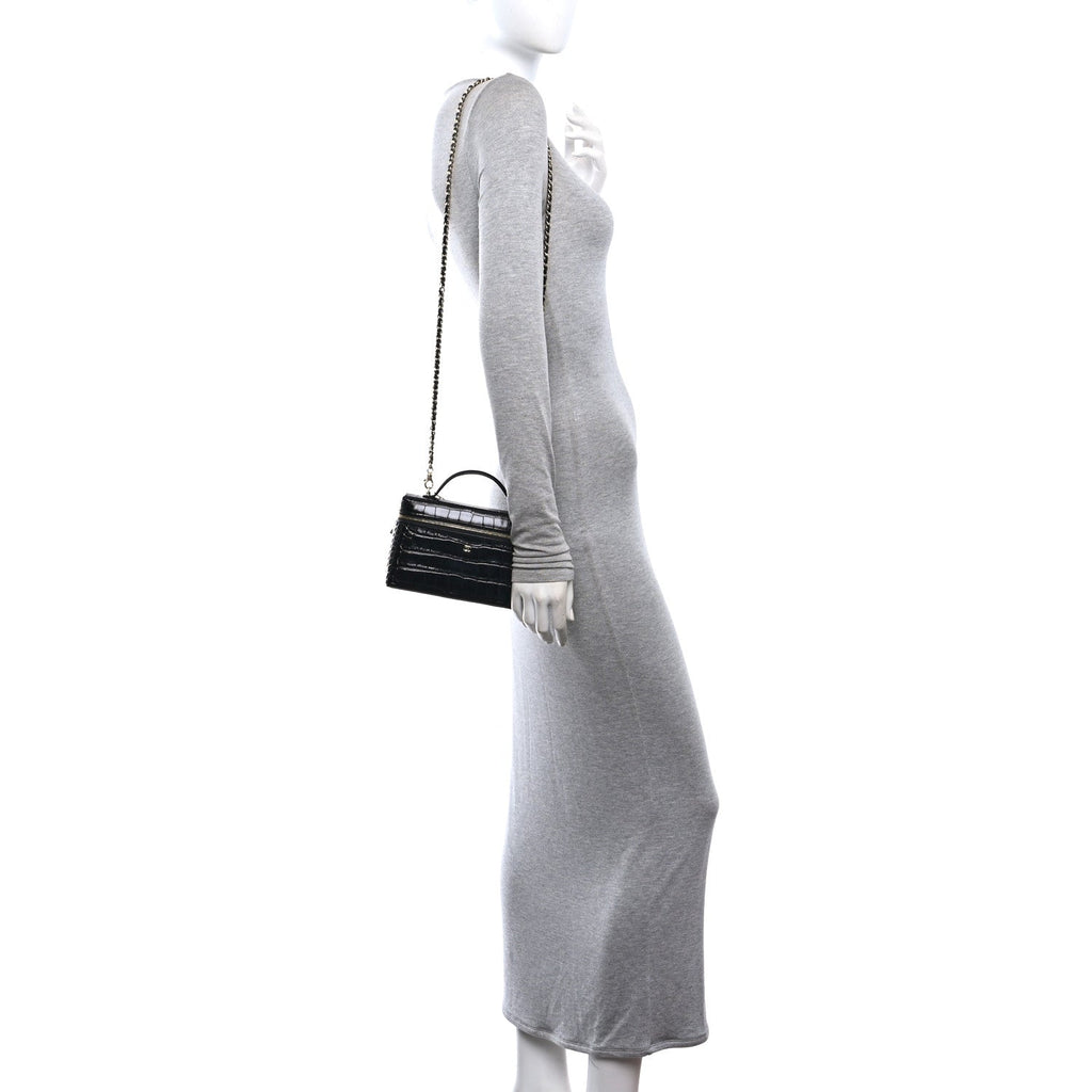 Calfskin Crocodile Embossed Crococo Exoticoco Vanity With Chain Black