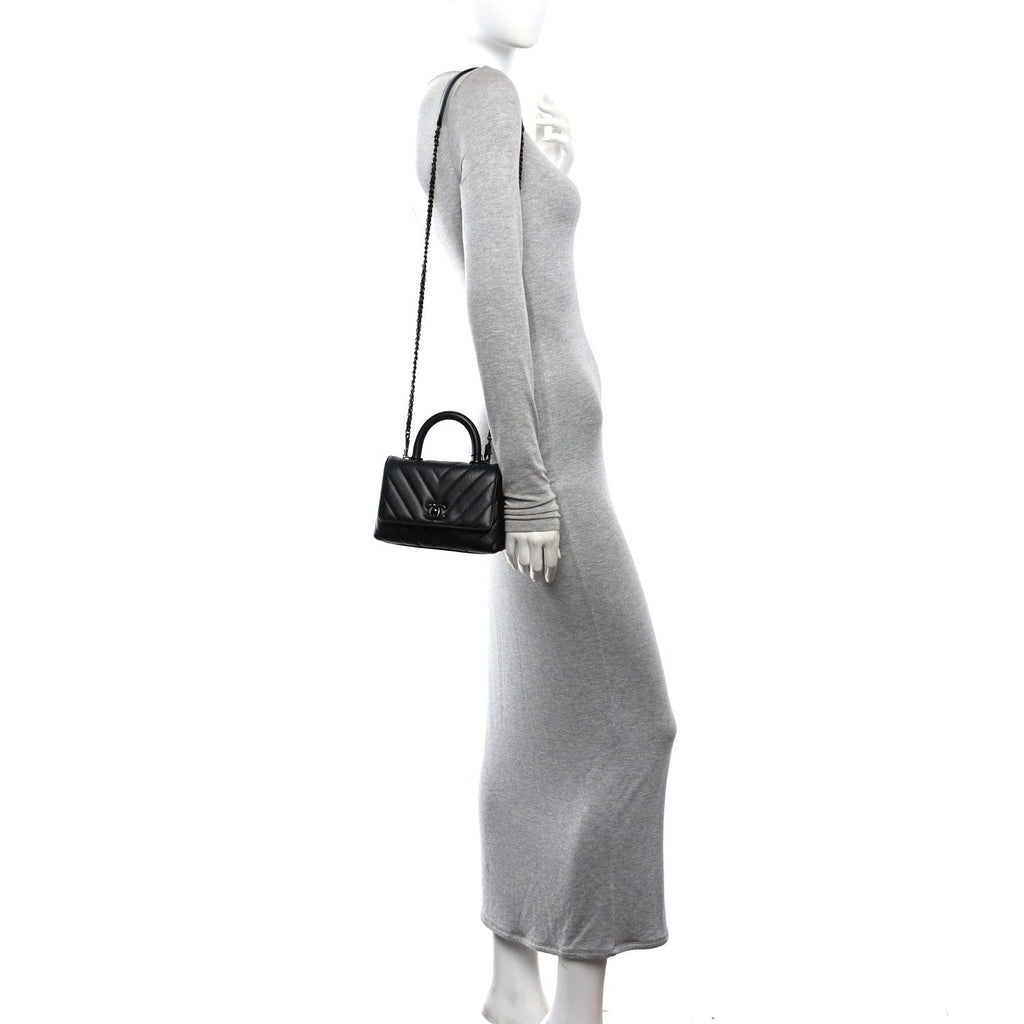 Caviar Chevron Quilted Extra Mini Coco Handle Flap So Black