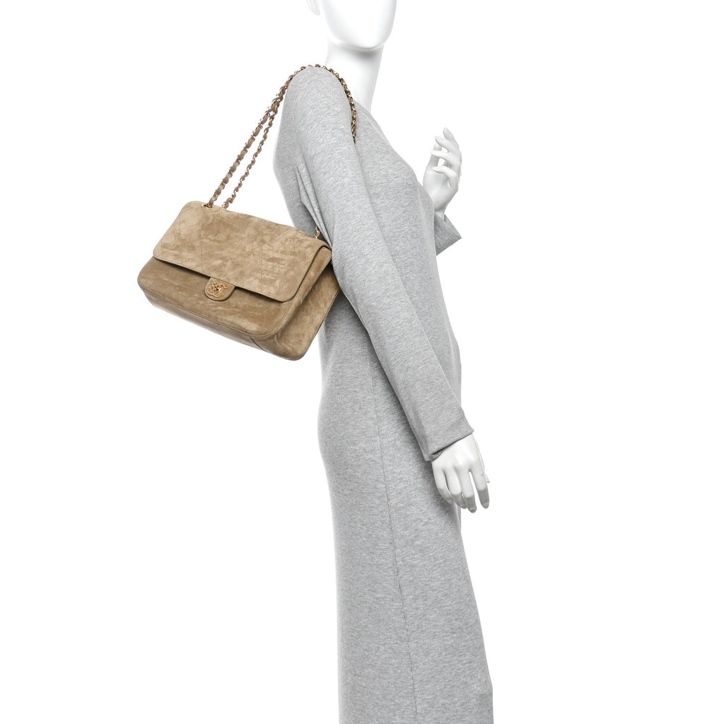 Suede Calfskin Small Souplissimo Maxi Flap Dark Beige