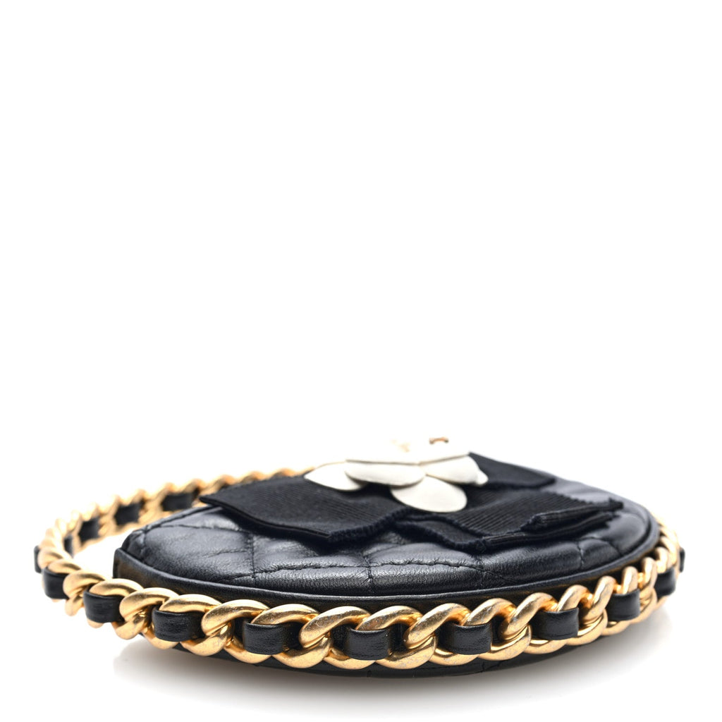 Lambskin Quilted Round Camellia Mini Clutch Black