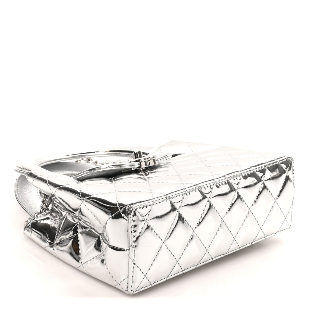 Mirror Calfskin Metallic Calfskin Quilted Nano Kelly Shopper Silvery
