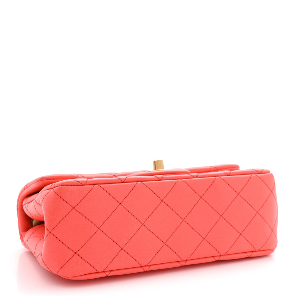 Lambskin Quilted Mini Rectangular Sweet Camellia Flap Coral
