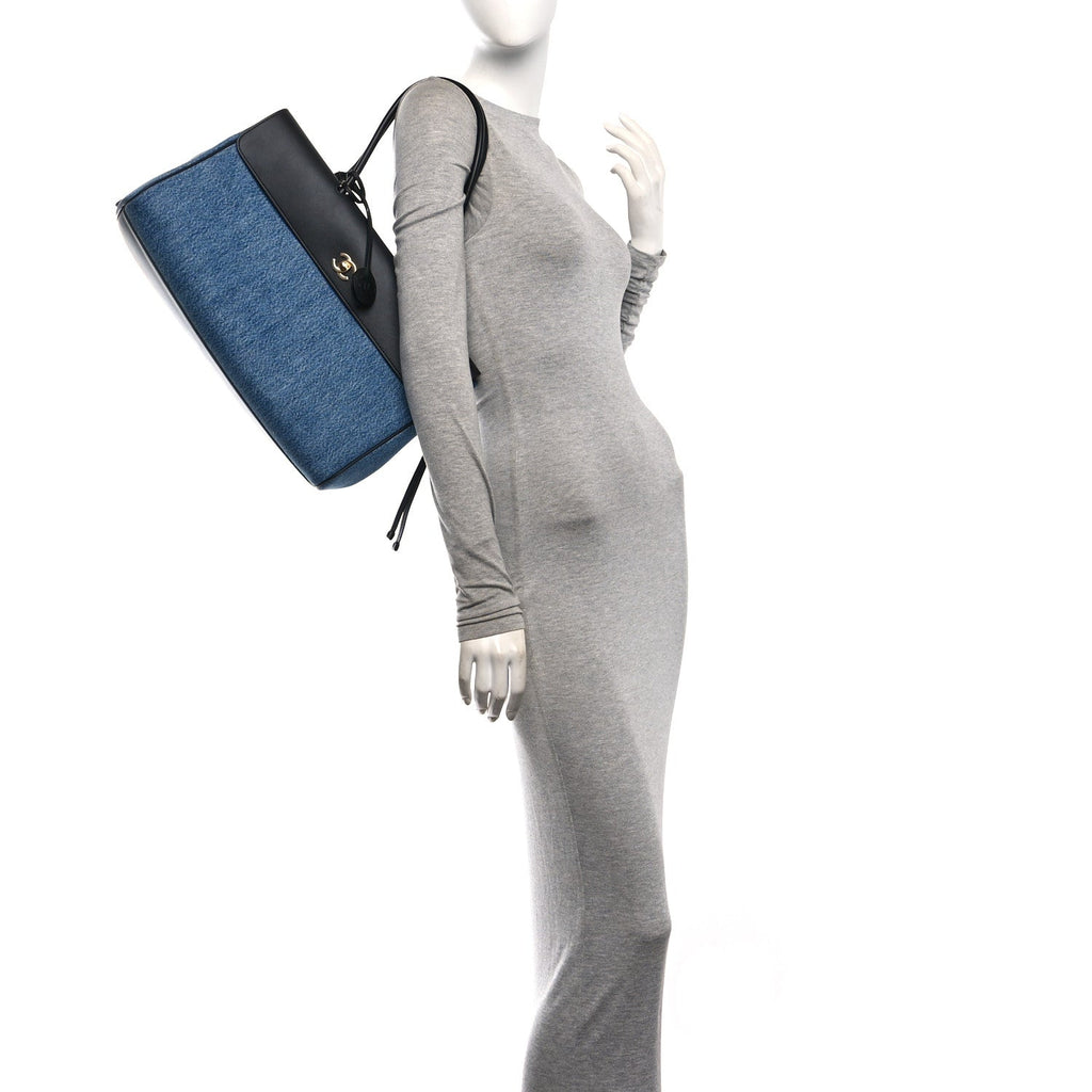 Denim Calfskin Urban Essentials Shopping Bag Blue Black