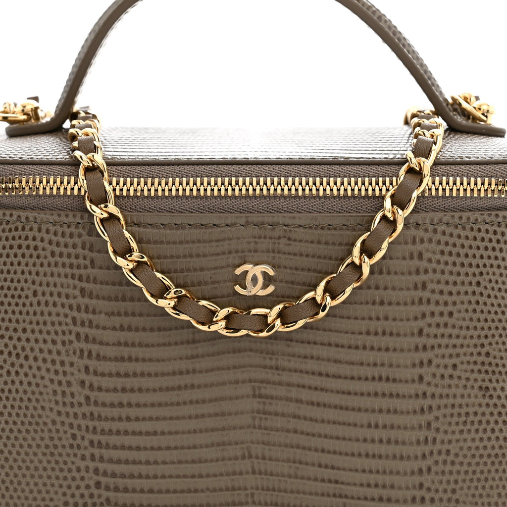 Calfskin Lizard Embossed Top Handle Vanity With Chain Dark Khaki