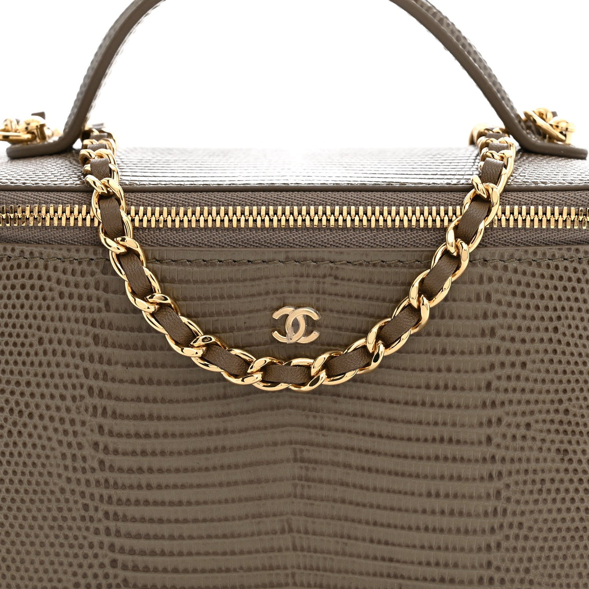 Calfskin Lizard Embossed Top Handle Vanity With Chain Dark Khaki