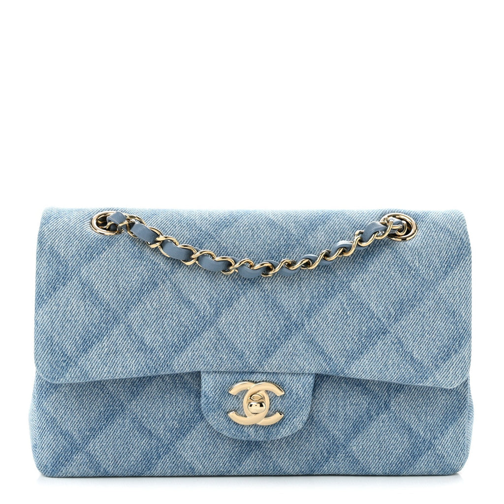 Printed Denim Quilted Small Double Flap Light Blue