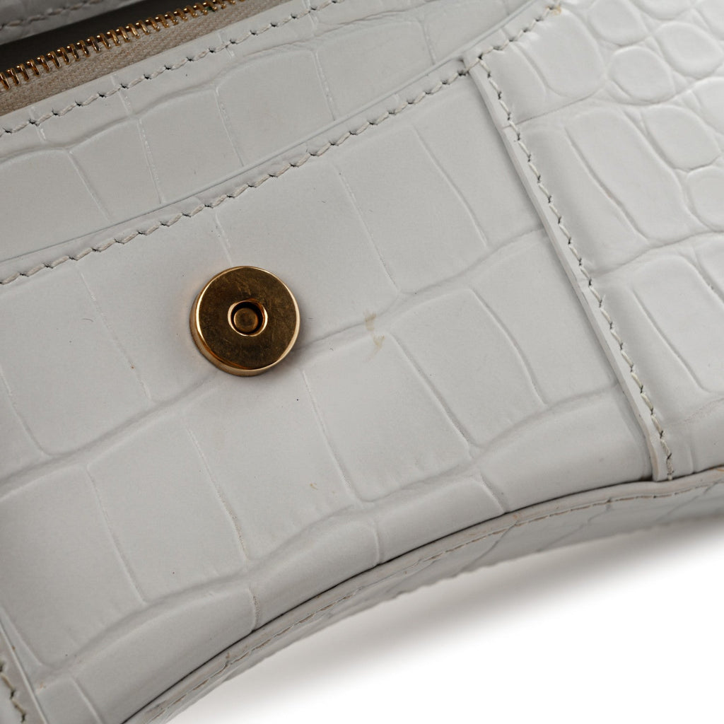 Shiny Calfskin Crocodile Embossed Hourglass Chain Bag White
