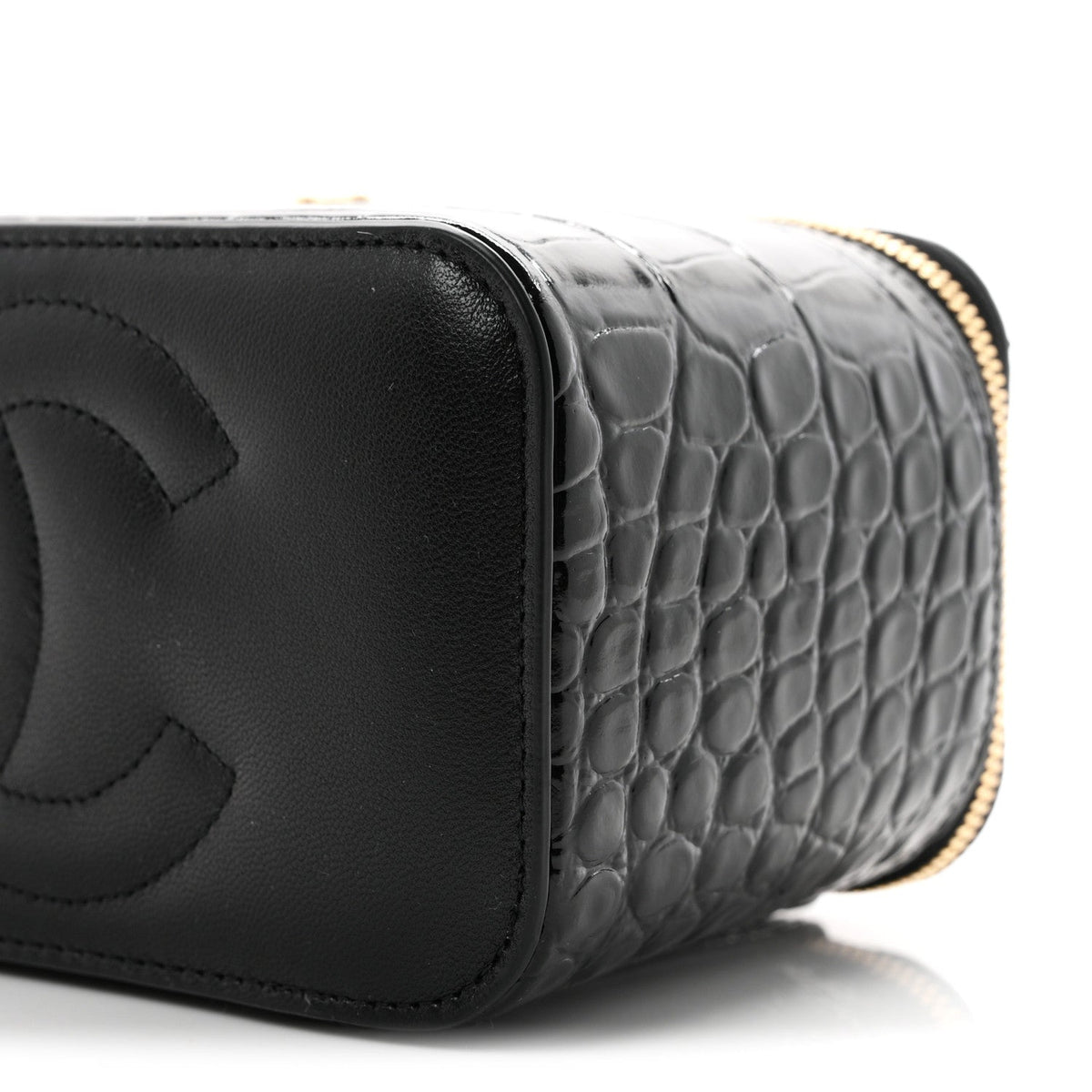 Calfskin Crocodile Embossed Crococo Small Top Handle Vanity Case With Chain Black