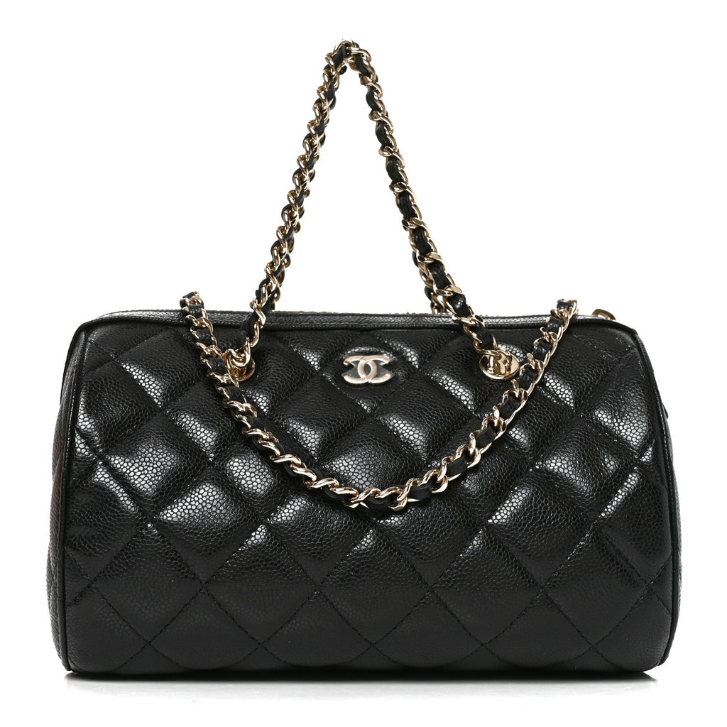 Caviar Quilted Barrel Clutch With Chain  Black