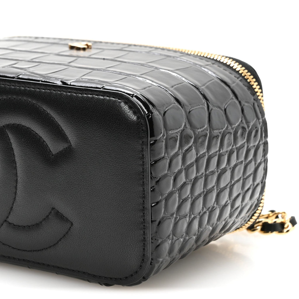 Calfskin Crocodile Embossed Crococo Small Top Handle Vanity Case With Chain Black