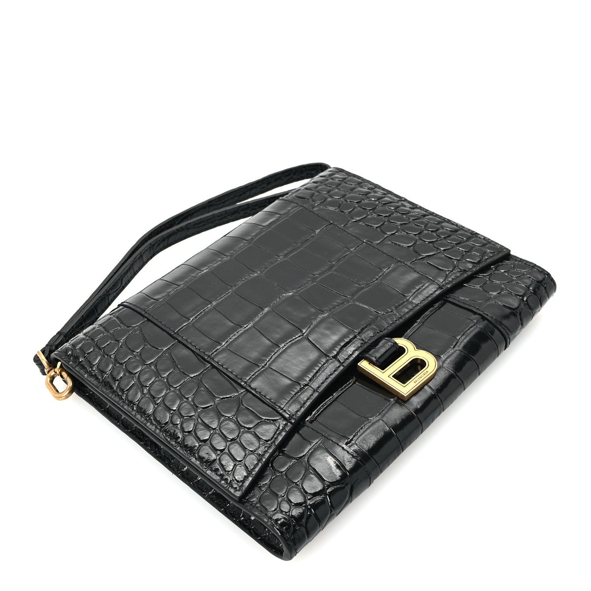 Shiny Calfskin Crocodile Embossed Hourglass Gusset Pouch Black