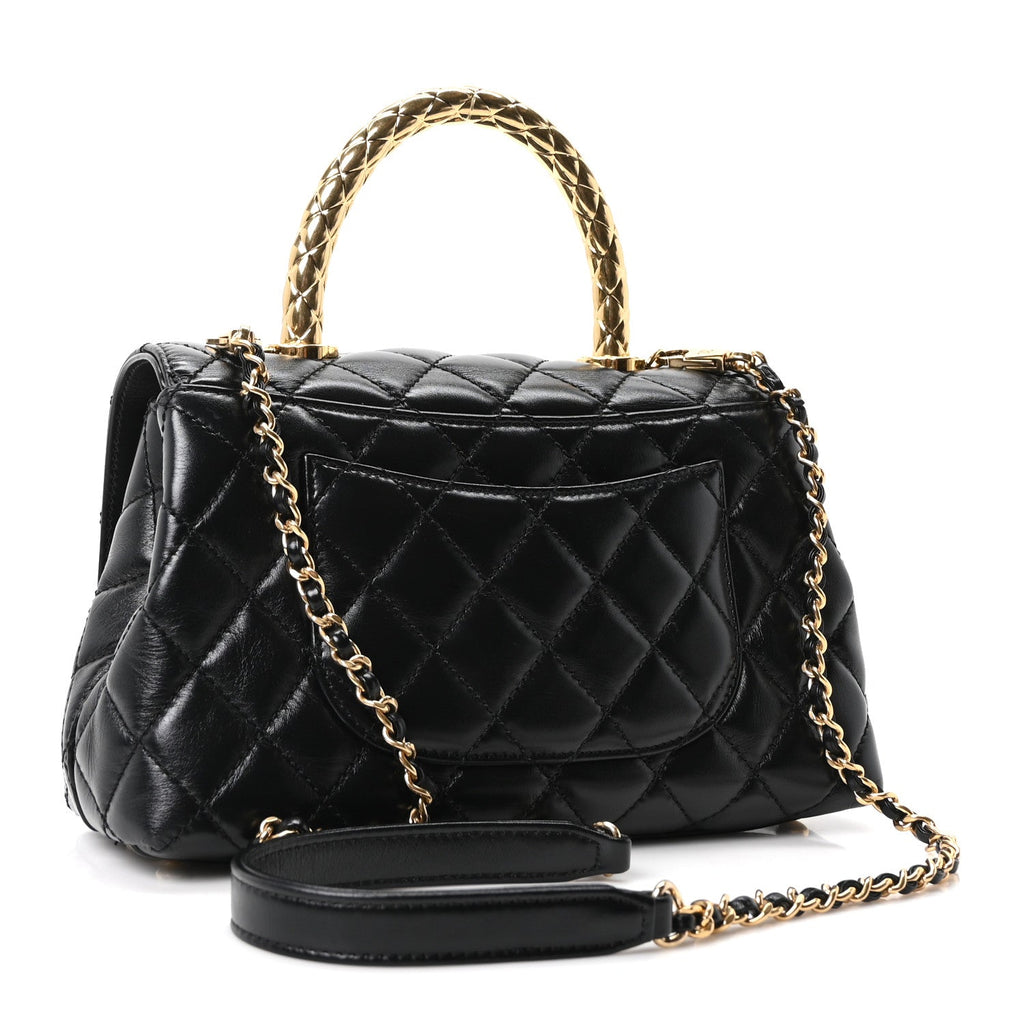 Shiny Calfskin Quilted Mini Coco Chain Gold Handle Flap Black