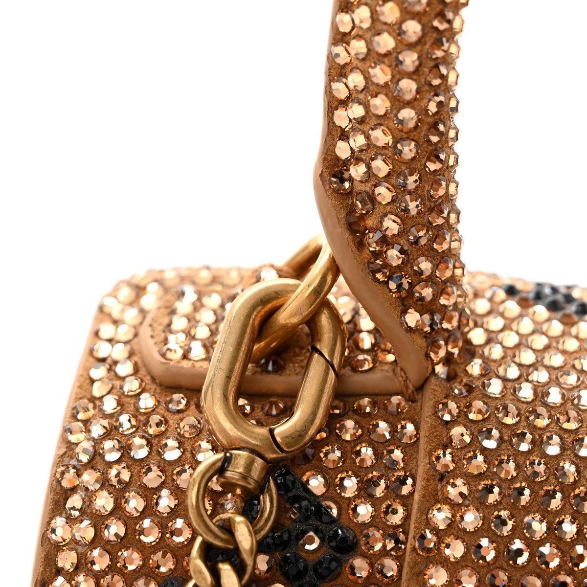 Strass Suede Allover Logo Hourglass Top Handle Bag XS with Chain Gold Black