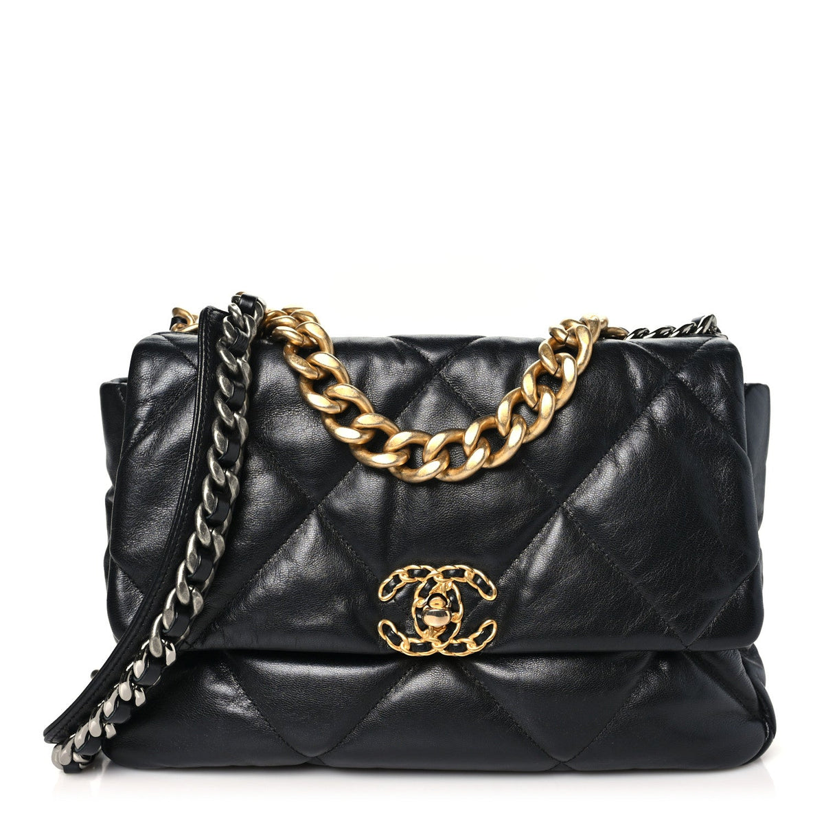 Shiny Goatskin Quilted Large Chanel 19 Flap Black