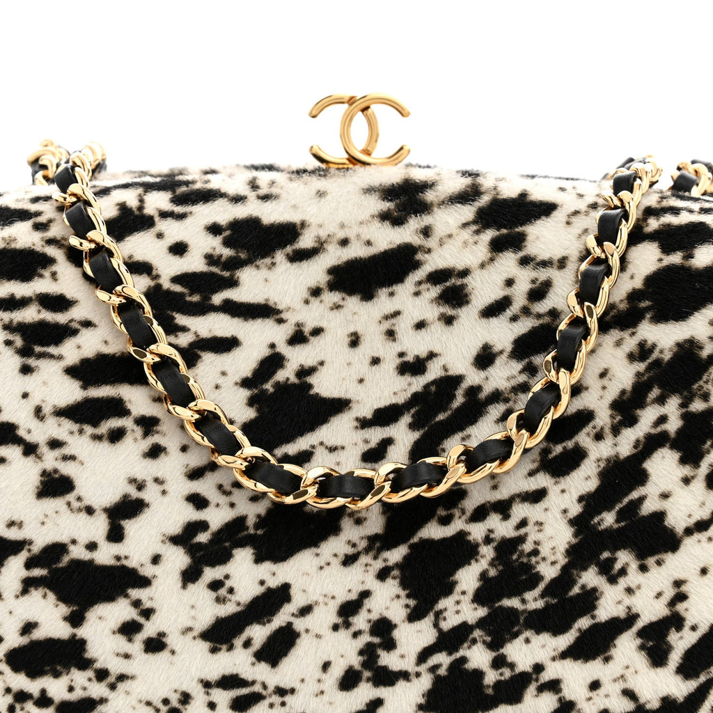 Lambskin Pony Hair Printed Clutch With Chain Black White