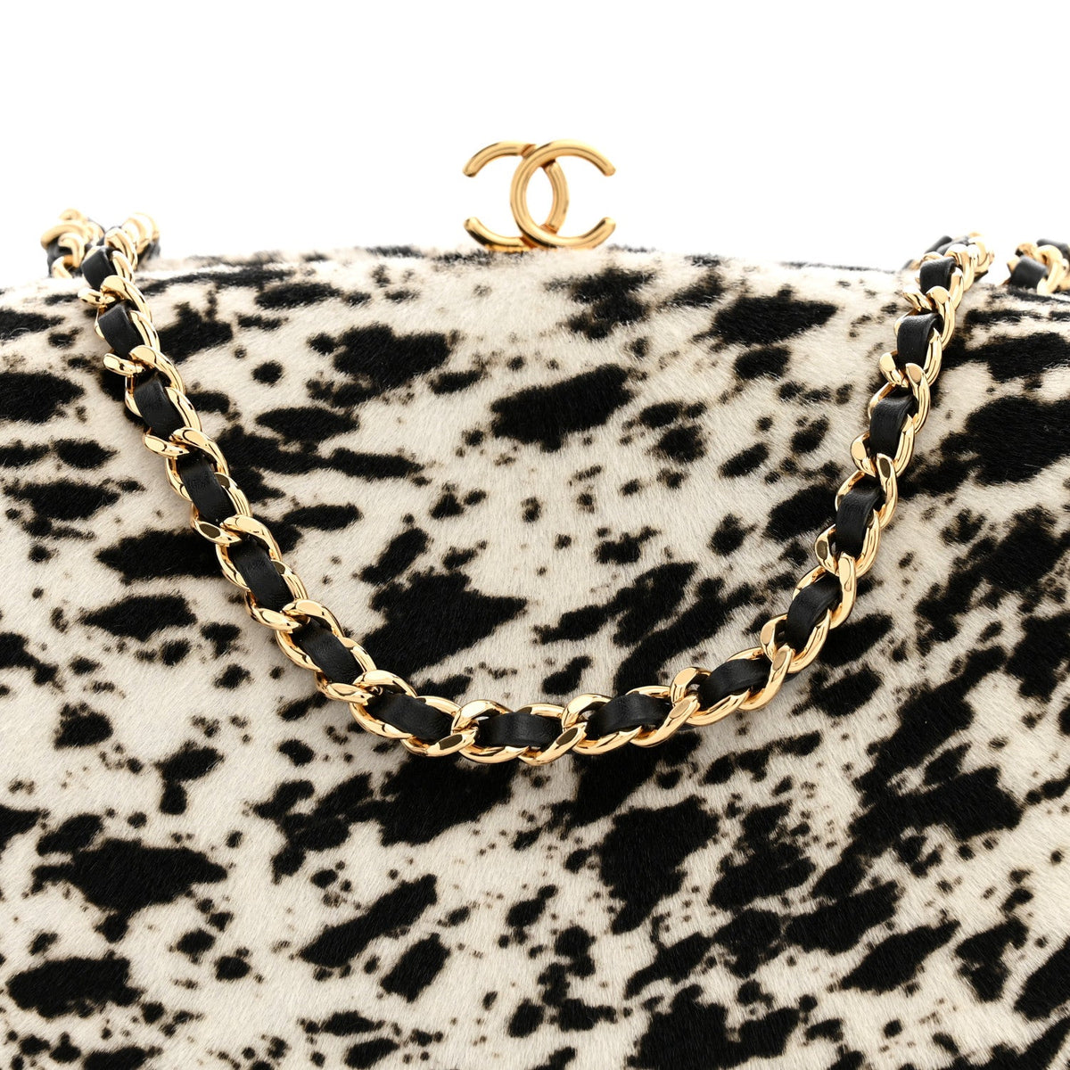 Lambskin Pony Hair Printed Clutch With Chain Black White