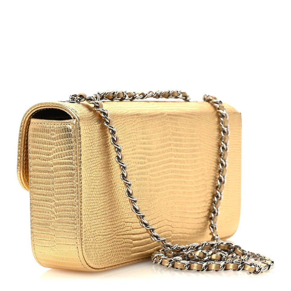 Metallic Calfskin Lizard Embossed Small East West Flap Gold