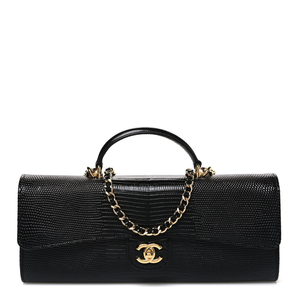 Calfskin Lizard Embossed Top Handle Long Clutch With Chain Black