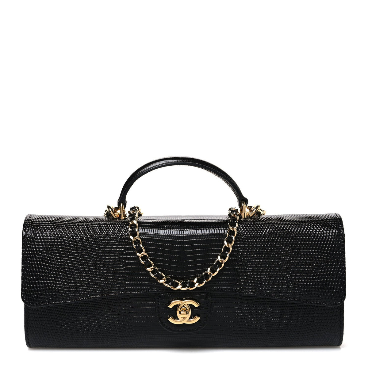 Calfskin Lizard Embossed Top Handle Long Clutch With Chain Black