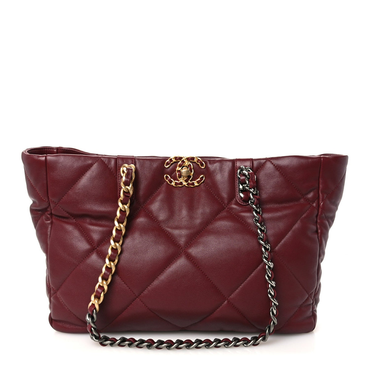 Lambskin Quilted Chanel 19 East West Shopping Bag Dark Brown