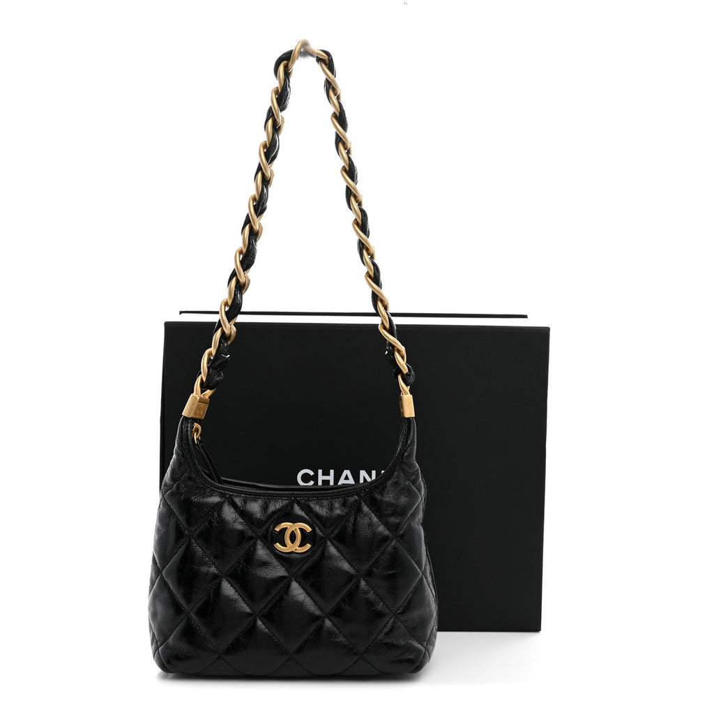 Shiny Crumpled Lambskin Quilted Small CC Funky Town Hobo Black