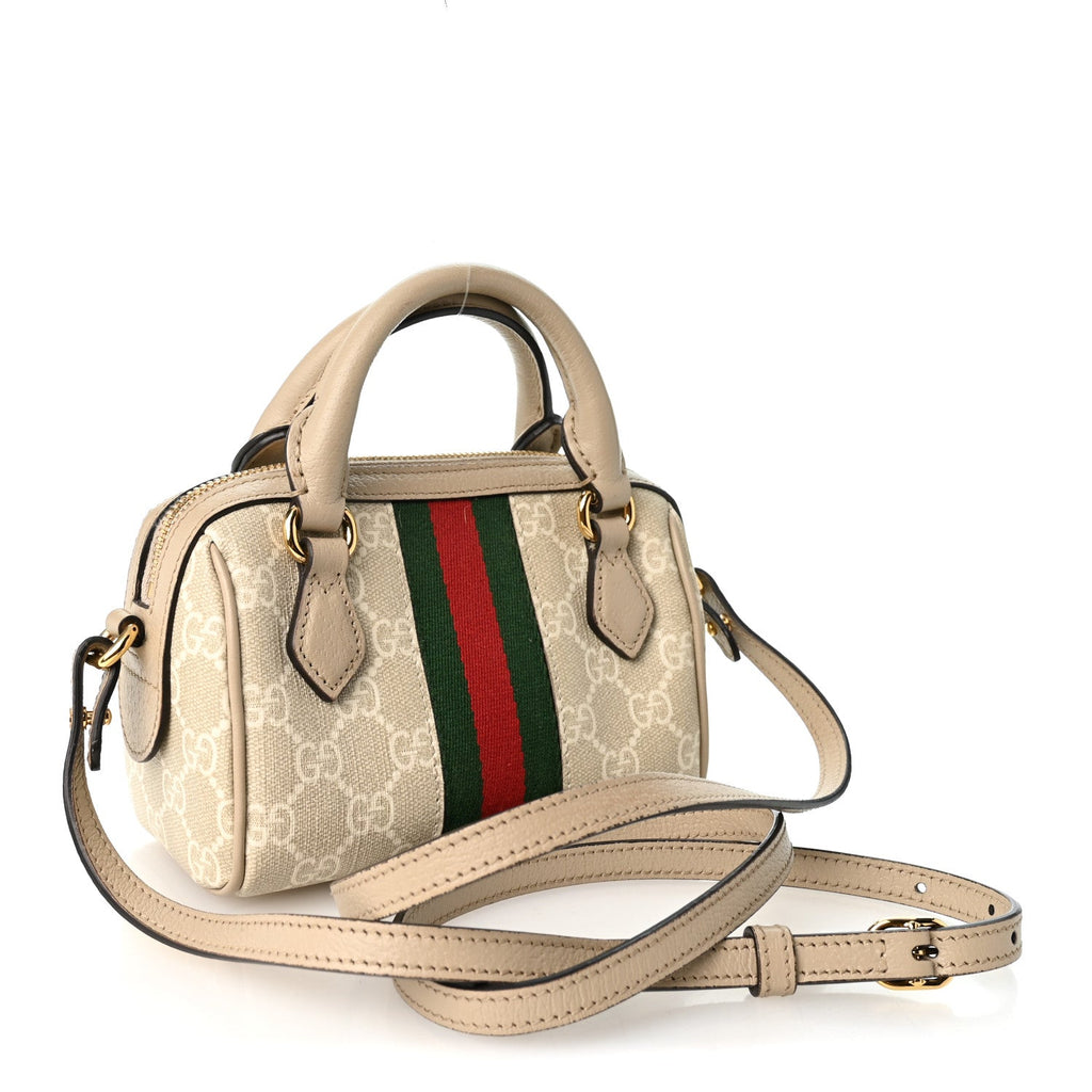 GG Supreme Monogram Textured Dollar Calfskin Web Super Mini Ophidia Top Handle Bowler Bag Beige Mystic White Oatmeal