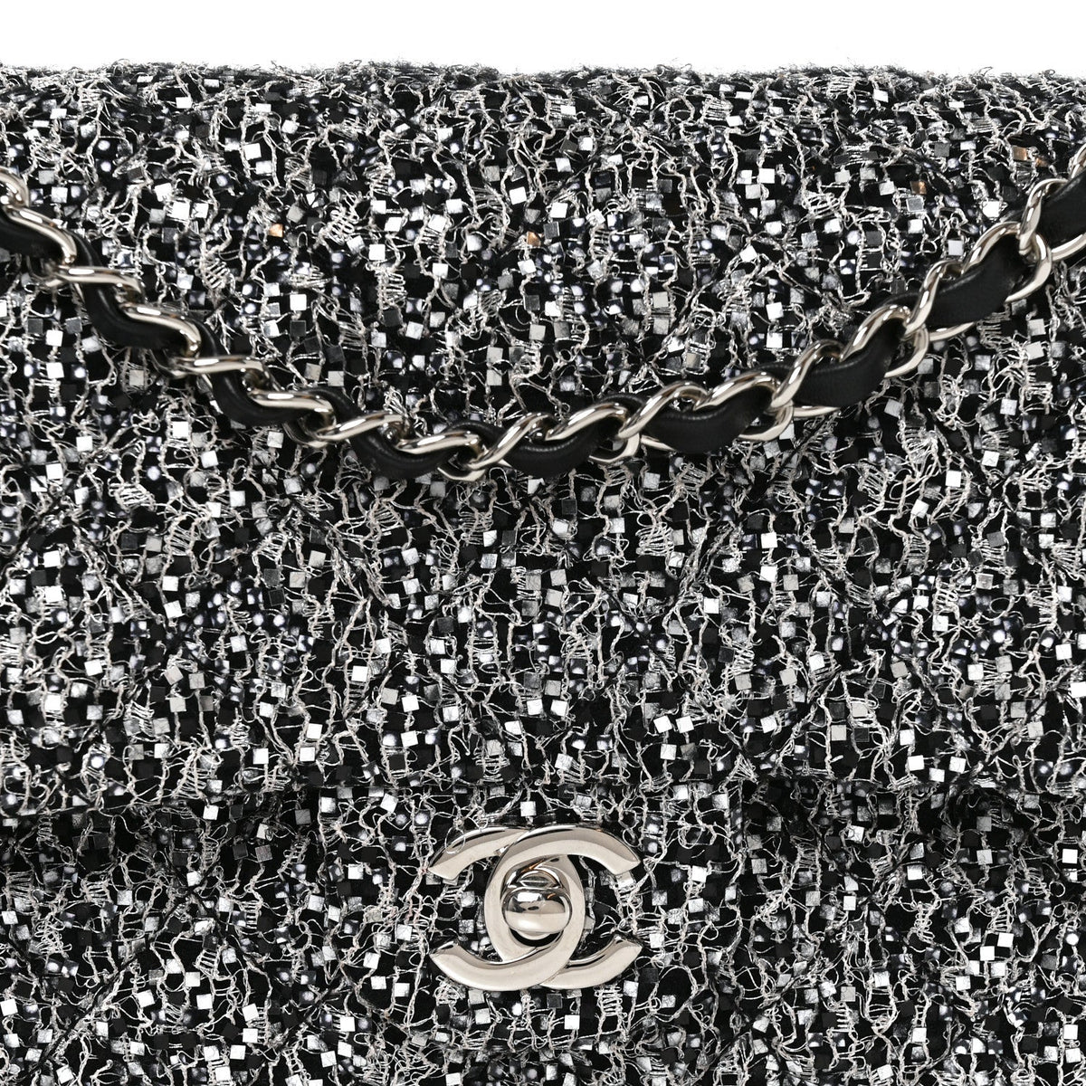 Tweed Sequin Patchwork Medium Double Flap Black White