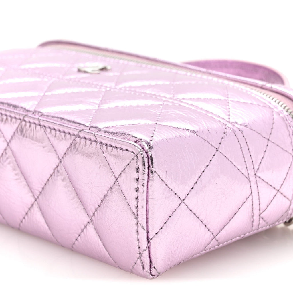 Metallic Calfskin Quilted Slim Vanity With Chain Pink