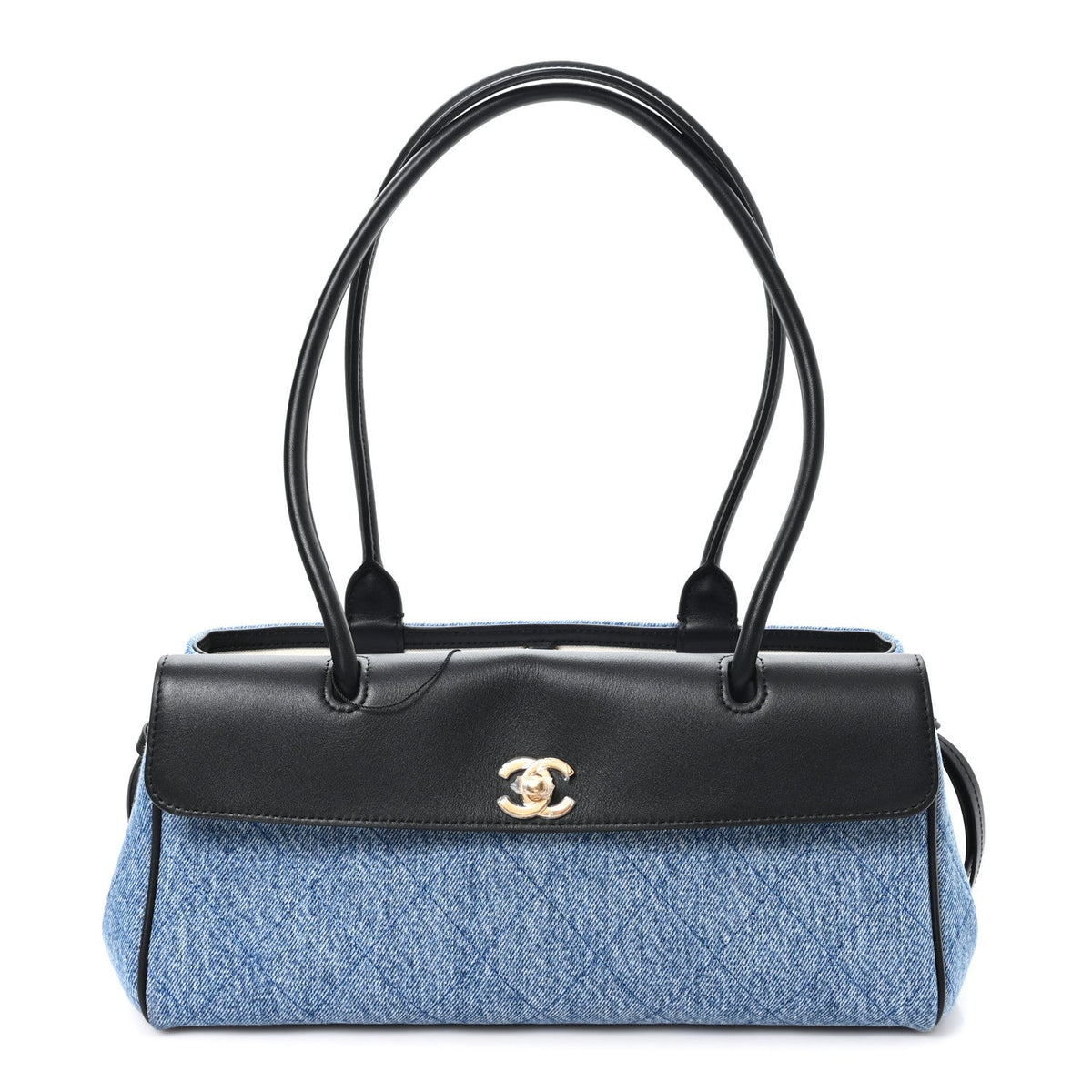 Calfskin Denim Stitched Urban Essentials Small Shopping Bag Blue Black