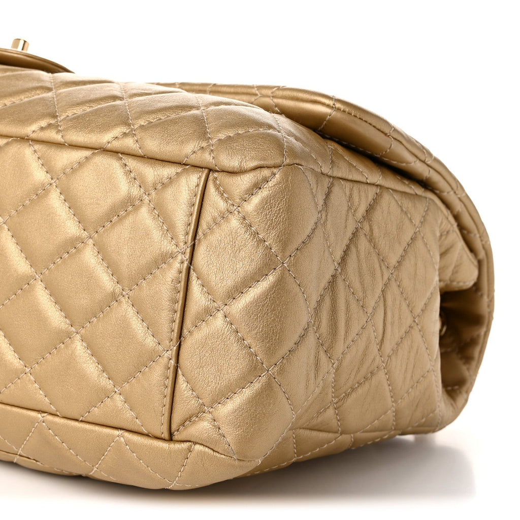 Metallic Calfskin Quilted Small XXL Travel Flap Bag Gold