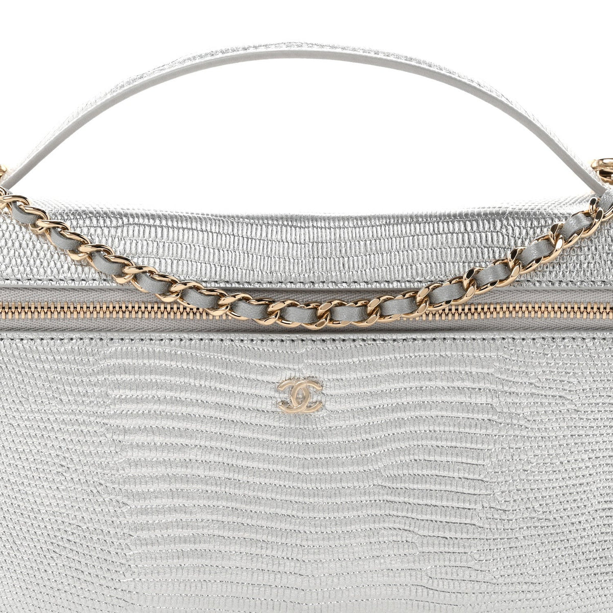 Lizard Embossed Calfskin Exoticoco Long Vanity With Chain Silvery