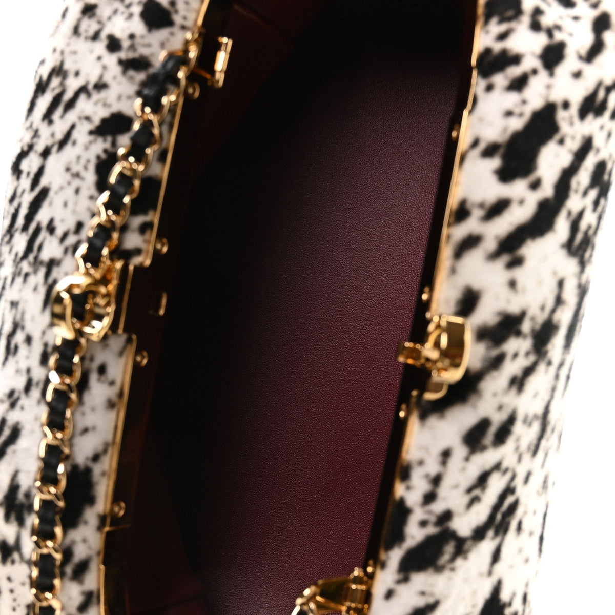 Lambskin Pony Hair Printed Clutch With Chain Black White