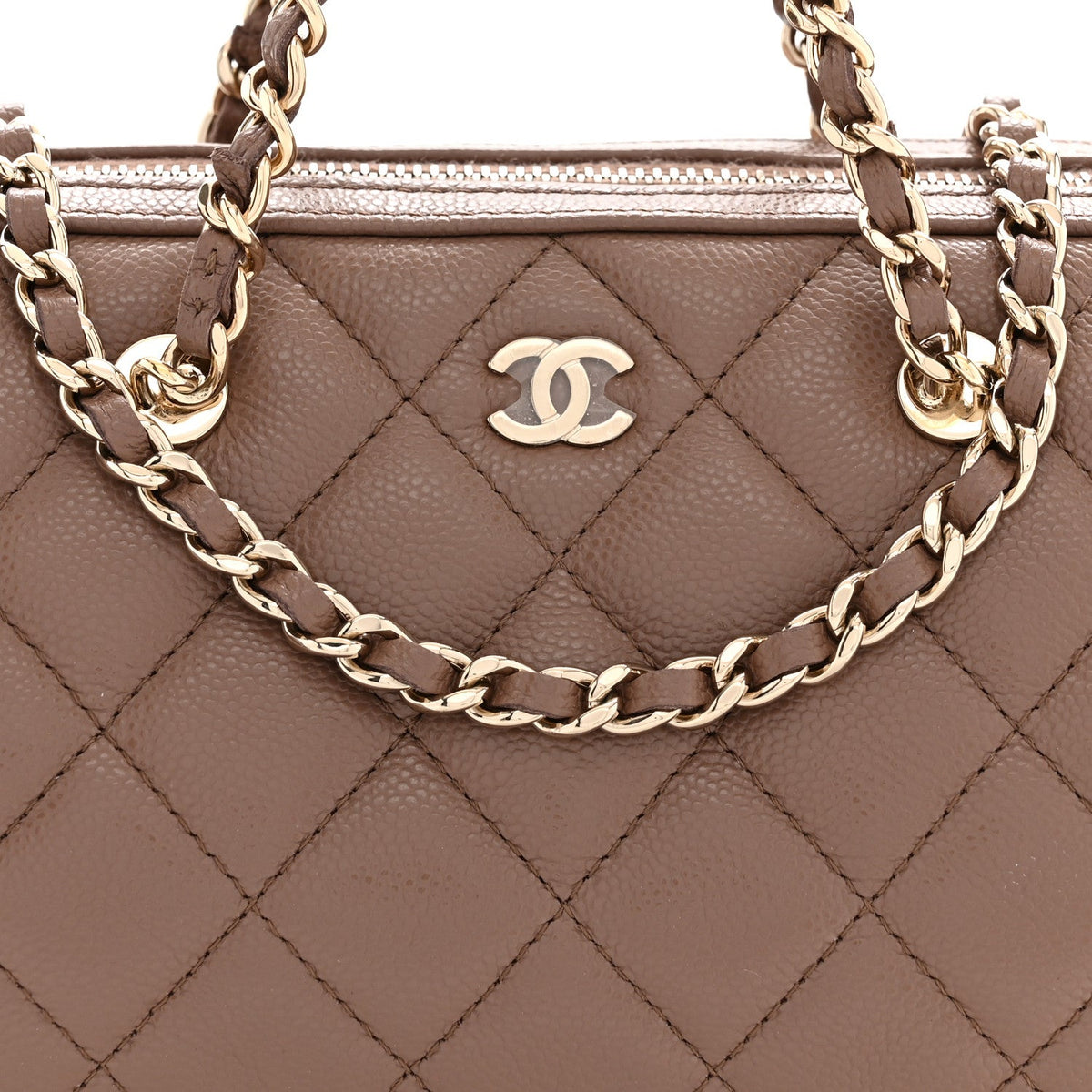 Caviar Quilted Barrel Clutch With Chain Brown
