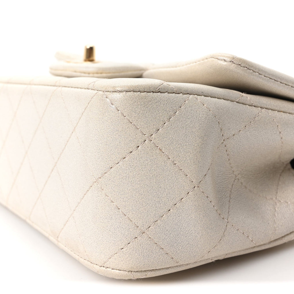 Iridescent Lambskin Quilted Mini Top Handle Rectangular Flap White