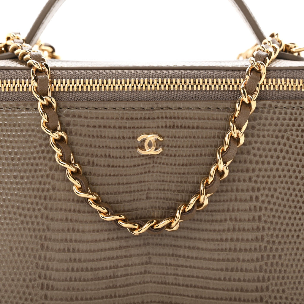 Calfskin Lizard Embossed Top Handle Vanity With Chain Dark Khaki