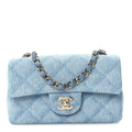 Printed Denim Quilted Mini Rectangular Flap Light Blue