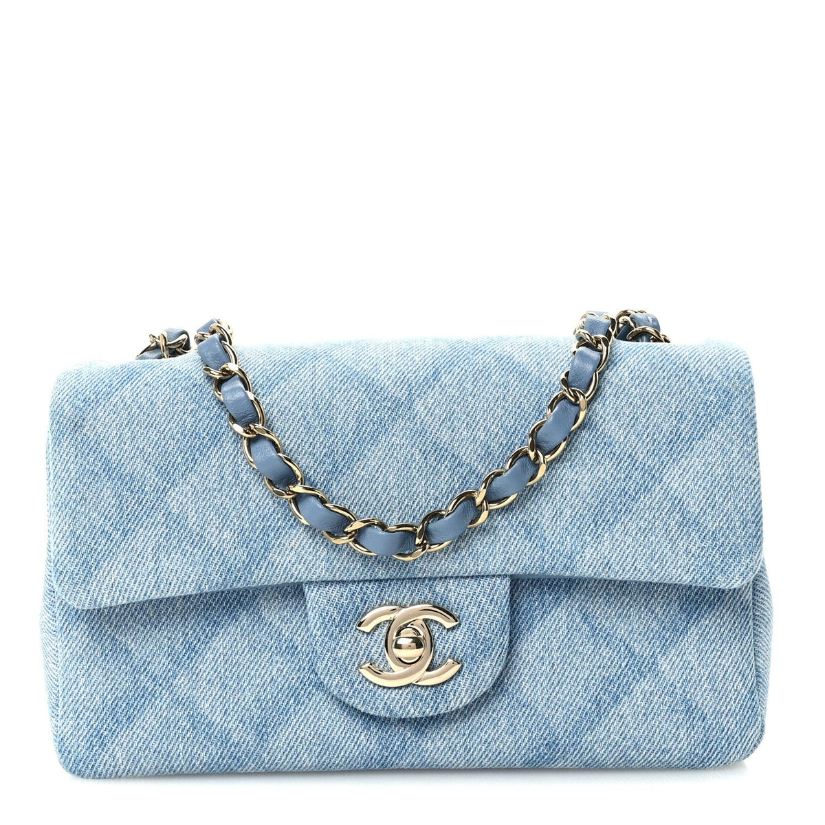 Printed Denim Quilted Mini Rectangular Flap Light Blue