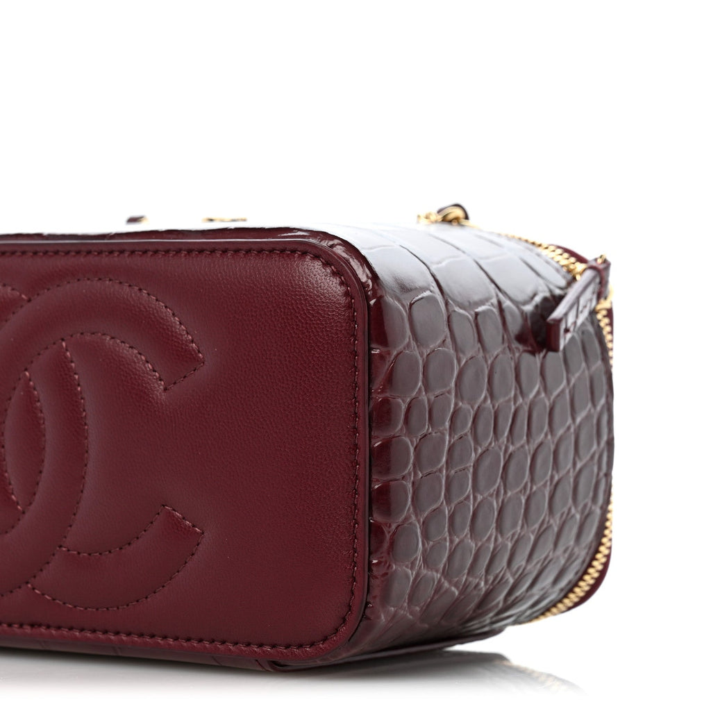 Calfskin Crocodile Embossed Crococo Small Top Handle Vanity Case With Chain Dark Burgundy