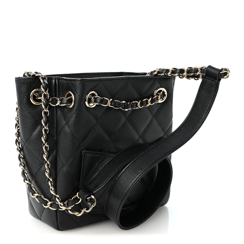 Caviar Quilted Flap Bucket Bag Black