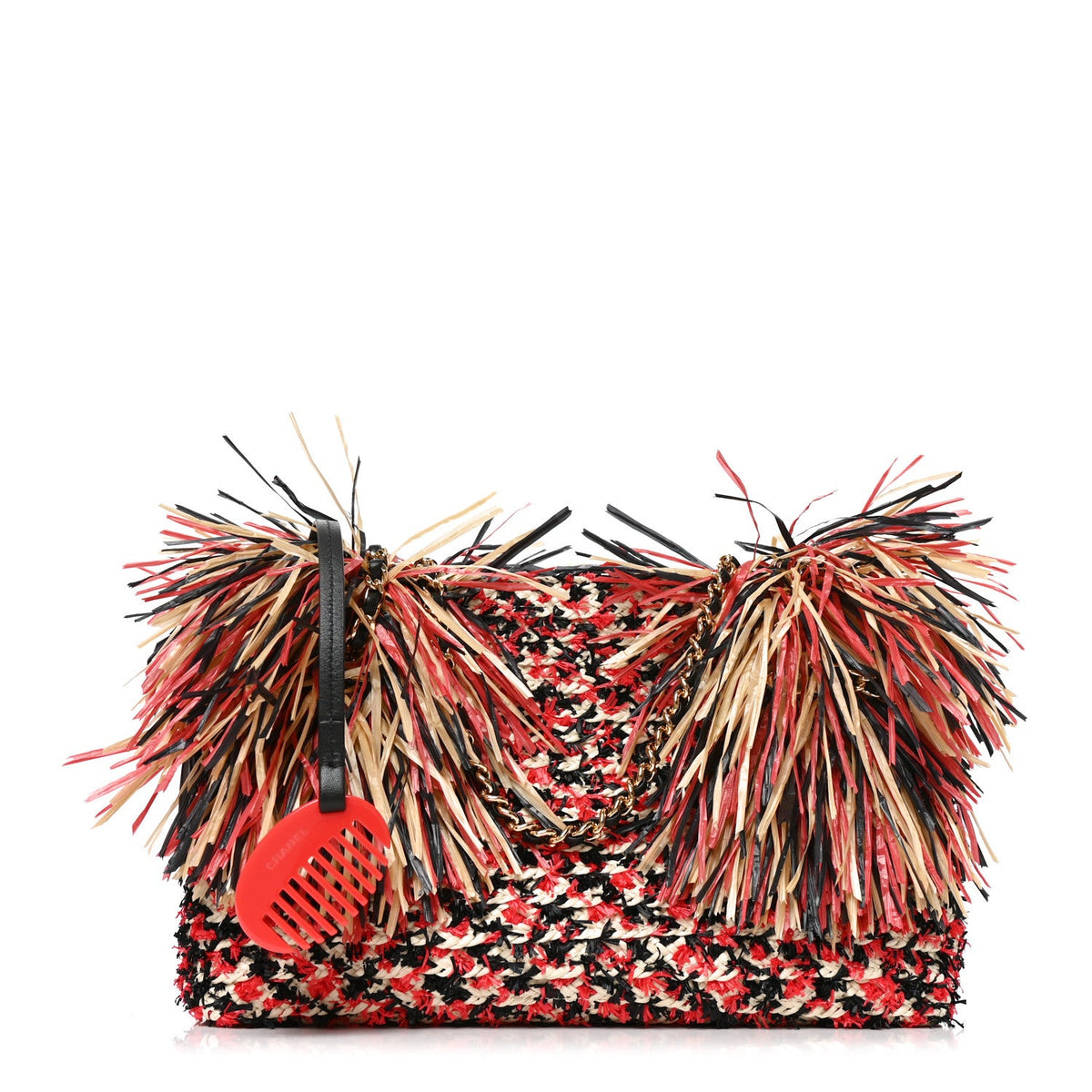 Raffia Fringe Mini Shopping Bag Red Light Beige Black