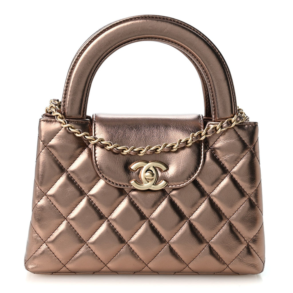 Metallic Aged Calfskin Quilted Nano Kelly Shopper Bronze