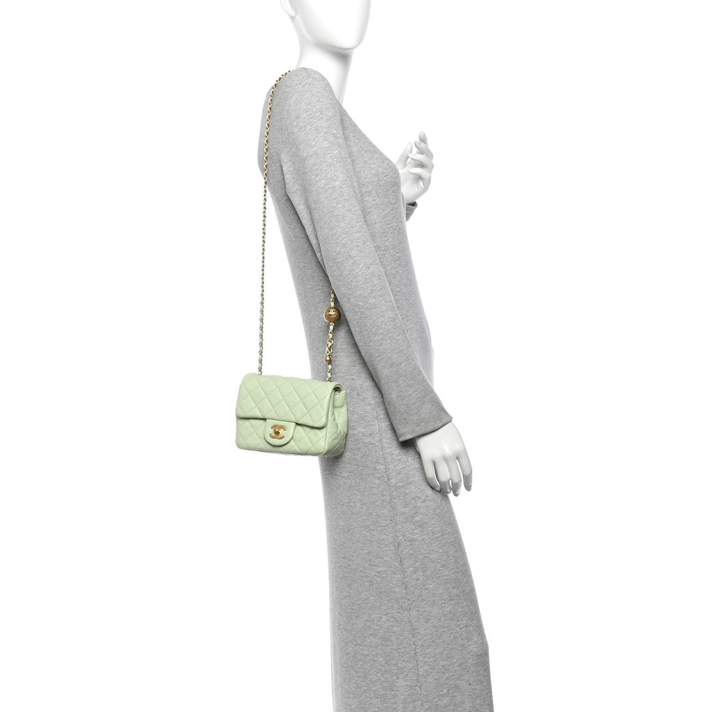 Lambskin Quilted Mini Pearl Crush Flap Light Green