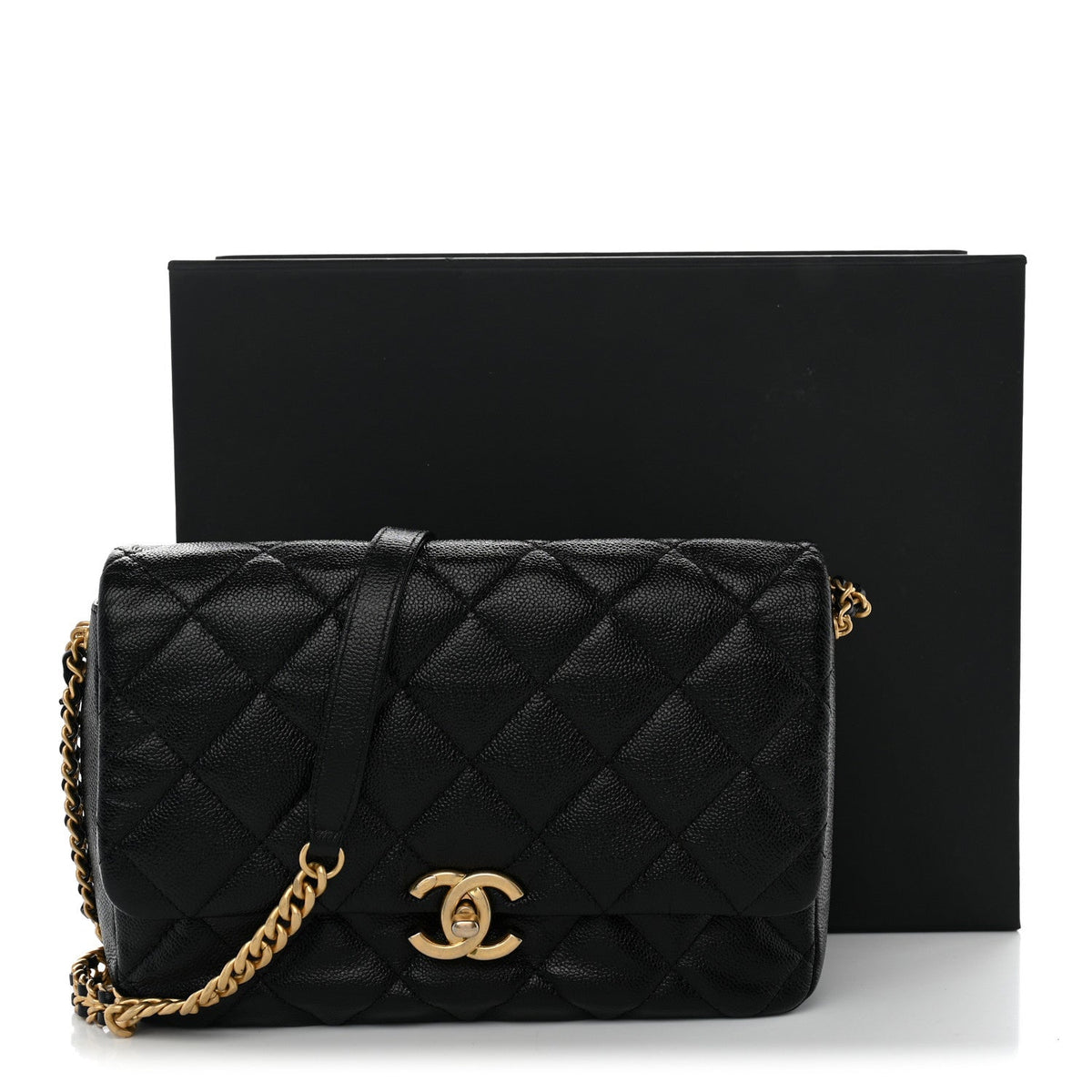 Shiny Caviar Quilted Large Chain Melody Flap Black