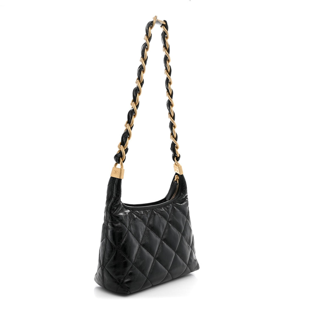 Shiny Crumpled Lambskin Quilted Small CC Funky Town Hobo Black